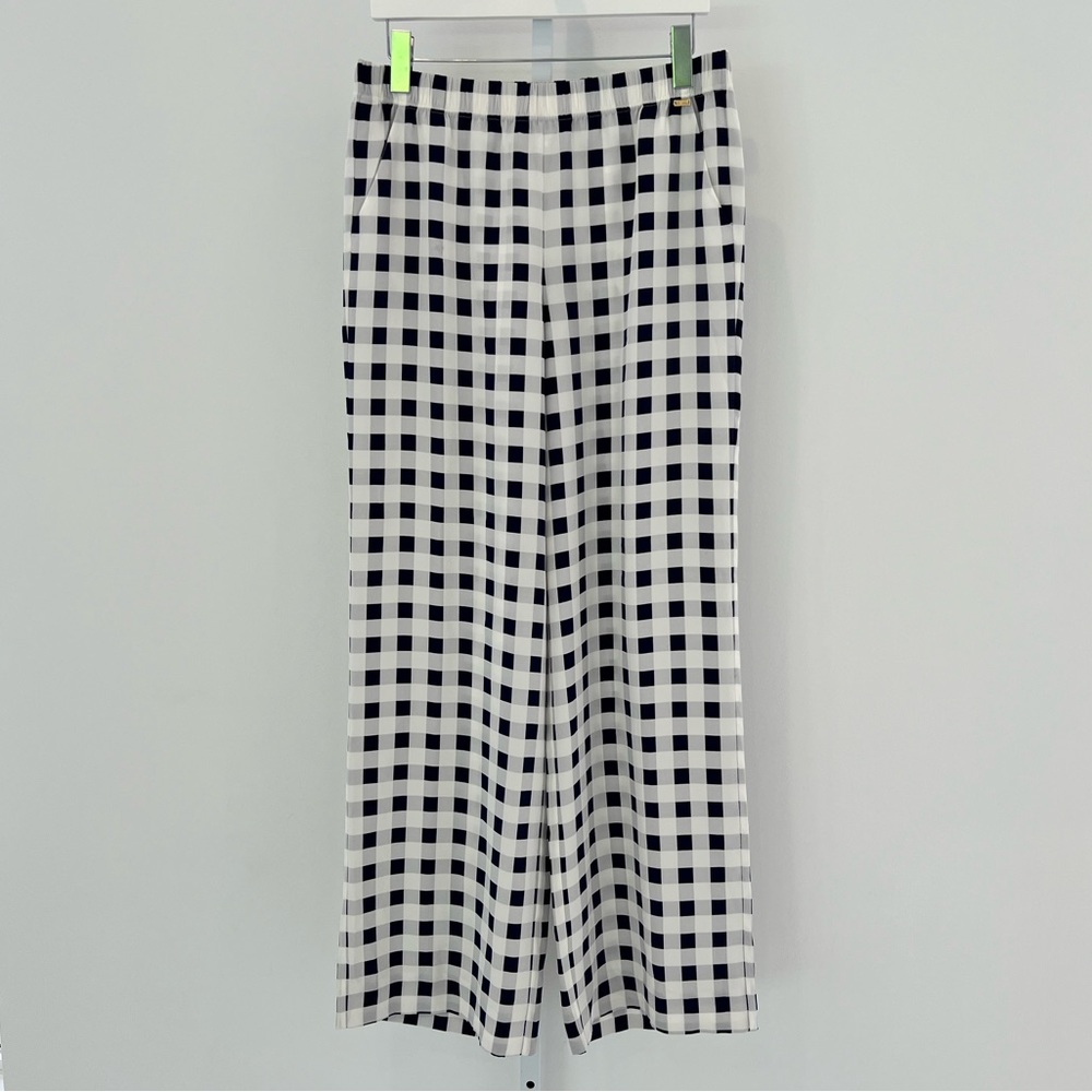 ST JOHN WHITE BLUE STRETCH SILK PANTS SIZE MEDIUM NWTS!